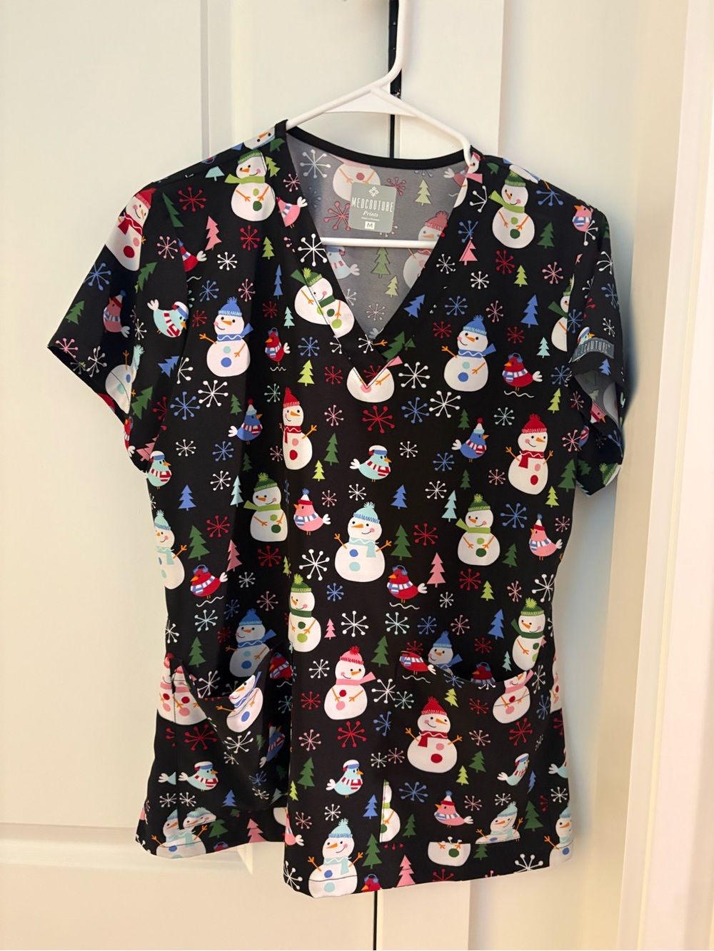 Cherokee Black Snowman Print V-Neck Scrub Top